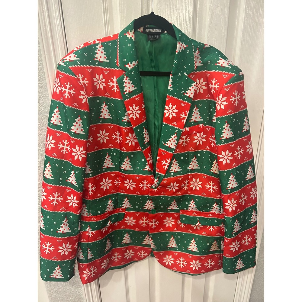 Suitmeister Blazer Red Green Christmas Tree Snowflake Festive Holiday Jacket XL